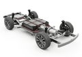 Electric vehicle chassis with exposed battery and drivetrain components Royalty Free Stock Photo
