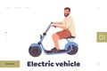 Electric vehicle landing page design template with happy hipster man riding scooter motorbike Royalty Free Stock Photo