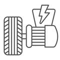 Electric vehicle motor and tire thin line icon, Electric car concept, Electrical engine sign on white background, Tire