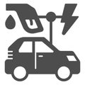 Electric vehicle and oil refueling gun with lightning solid icon, electric car concept, EV auto station sign on white