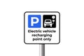 Electric Vehicle Recharging Point Sign on Post. EV charging station and charge parking signage. Royalty Free Stock Photo