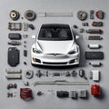 Electric Vehicle Tesla Car Components Electronics Parts Screws Nuts Bolts Engine Exploded View Perspective Chips