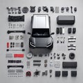 Electric Vehicle Tesla Cybertruck Car Components Electronics Parts Screws Nuts Bolts Engine Exploded View Perspective Chips