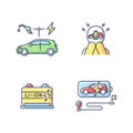 Electric vehicles travel RGB color icons set