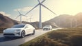 Electric vehicles and wind farms. The concept of environmentally friendly transport of the future Electric cars