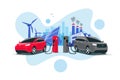 Electric Versus Gasoline Car Fight Comparison with Renewables and Fossil Energy Royalty Free Stock Photo