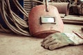 Electric welding machine, electric wire, masks, gloves and tongs, are very old