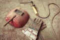 Electric welding machine, electric wire, masks, gloves and tongs, are very old