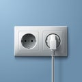 Electric white plug and socket on blue wall