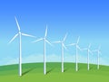 Electric windmills on green grass field on background blue sky. Ecology environmental illustration for presentations, websites, in