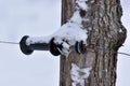 Electric wire fence, wooden pile with isolator and snow. Agricultural landscape, snowy farmland in winter Royalty Free Stock Photo