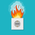 Electric wiring of socket in fire. Electrical safety concept. Plug outlet on fire. Electrical shock power. Short circuit in flat, Royalty Free Stock Photo