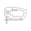 Electric wood jig saw. ÃÂ¡arpentry jigsaw. Power tool. Linear outline vector drawing on white background.