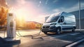 Electric work van plugged in at charging station. Generative AI