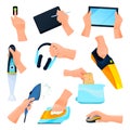 Electrical appliances or devices, hands icons set Royalty Free Stock Photo