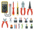 Electrical cable wires and different electronic tools. Cutter, multimeter. Vector illustrations isolated Royalty Free Stock Photo