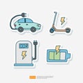 Electrical Car and Vehicle, Charging Station, Eco Battery Energy Refueling, Electrical Scooter. Doodle Sticker Icon Ecological Set