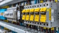 Electrical circuit breakers mounted on a control panel in a facility showing several connections and wires Royalty Free Stock Photo