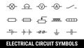 Electrical circuit symbols set. Flat icons elements. Lamp, Ammeter and voltmeter, bell, terminal, resistor and cell battery,