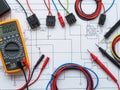 Electrical components and tools on a circuit diagram Royalty Free Stock Photo