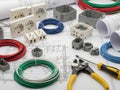 Electrical components and tools isolated on white background Royalty Free Stock Photo