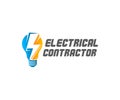 Electrical contractor, light bulb and lightning, logo design. Electric light, construction, electric current and electricity, vect