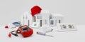 Electrical controls for house planning, electrician equipment work tools on desk with model house and red hat, electric store,