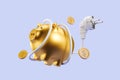 Electrical cord and gold piggy bank with coins Royalty Free Stock Photo