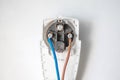 Electrical device plug with wires and contacts inside, selective focus Royalty Free Stock Photo