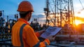 Electrical engineer checking power substation blueprints, golden sunset illuminating technical infrastructure and grid Royalty Free Stock Photo