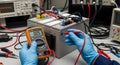 electrical engineer testing battery pack voltage with multimeter in laboratory environment, showcasing precision and technical exp Royalty Free Stock Photo