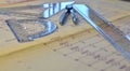 Electrical engineer workplace - electrotechnical project, rulers, and divider compass. Construction and Royalty Free Stock Photo