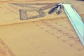 Electrical engineer workplace - electrotechnical project, rulers, and divider compass. Construction and Royalty Free Stock Photo