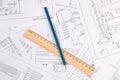 Electrical engineering drawings, pencil and ruler Royalty Free Stock Photo