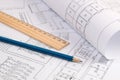 Electrical engineering drawings, pencil and ruler Royalty Free Stock Photo