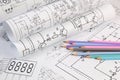 Electrical engineering drawings and pencils Royalty Free Stock Photo