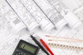 electrical engineering drawings, wire, terminal and digital multimeter Royalty Free Stock Photo