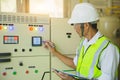 Electrical engineers test the voltage and current of the wires in the electrical cabinet control.the multimeter is in the hands of