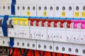 Electrical equipment. Automatic circuit breakers in a row. Electric switches in fusebox