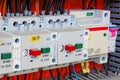 Electrical equipment. Automatic circuit breakers in a row. Electric switches in fusebox