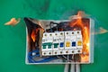 Bad electrical wiring caused fire in fuse box Royalty Free Stock Photo