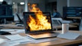 Electrical fire starting from overheating laptop on desk. Royalty Free Stock Photo