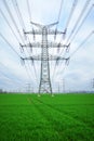 Electrical grid. A lot of high-voltage power line, transmission tower overhead line masts, high voltage pylons as power pylons Royalty Free Stock Photo