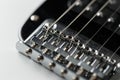 Electrical guitar bridge and metal strings closeup. Electric guitar black and white color, detail. Music instruments