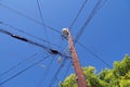 Electrical installation in the USA. Oil transformers on a wooden pole. If mounted on a utility pole, they are called pole-mount Royalty Free Stock Photo