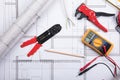 Electrical Instrument With Tools On A Blueprint Royalty Free Stock Photo