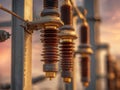 Electrical insulators mounted on metal framework capturing the warm glow of sunset in a power distribution substation with blurred Royalty Free Stock Photo