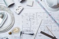 Electrical Master Equipment On House Plans. Royalty Free Stock Photo