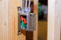 Electrical metal box wiring inside interior walls of under construction house Royalty Free Stock Photo