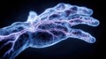 Electrical neural connections in a translucent human hand, glowing bioenergetic network on a dark background Royalty Free Stock Photo